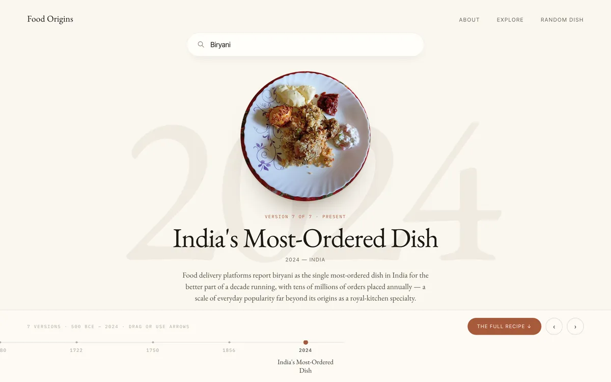 A Food Origin exhibit: a bowl of biryani above the headline India's Most-Ordered Dish, with the year 2024 set huge and pale behind it and a timeline rail below.