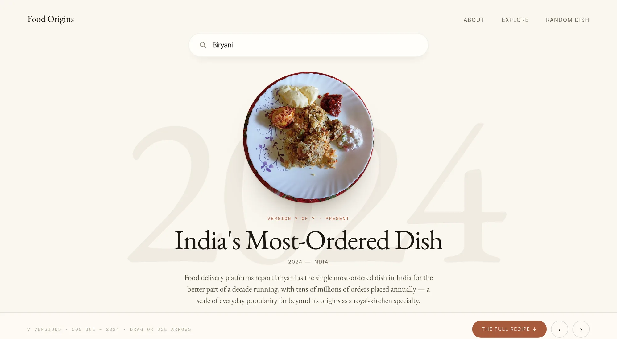 A Food Origin exhibit: a round bowl of biryani centred above the headline India's Most-Ordered Dish, with the year 2024 set very large and pale behind it, and a timeline rail of seven dated versions along the bottom.
