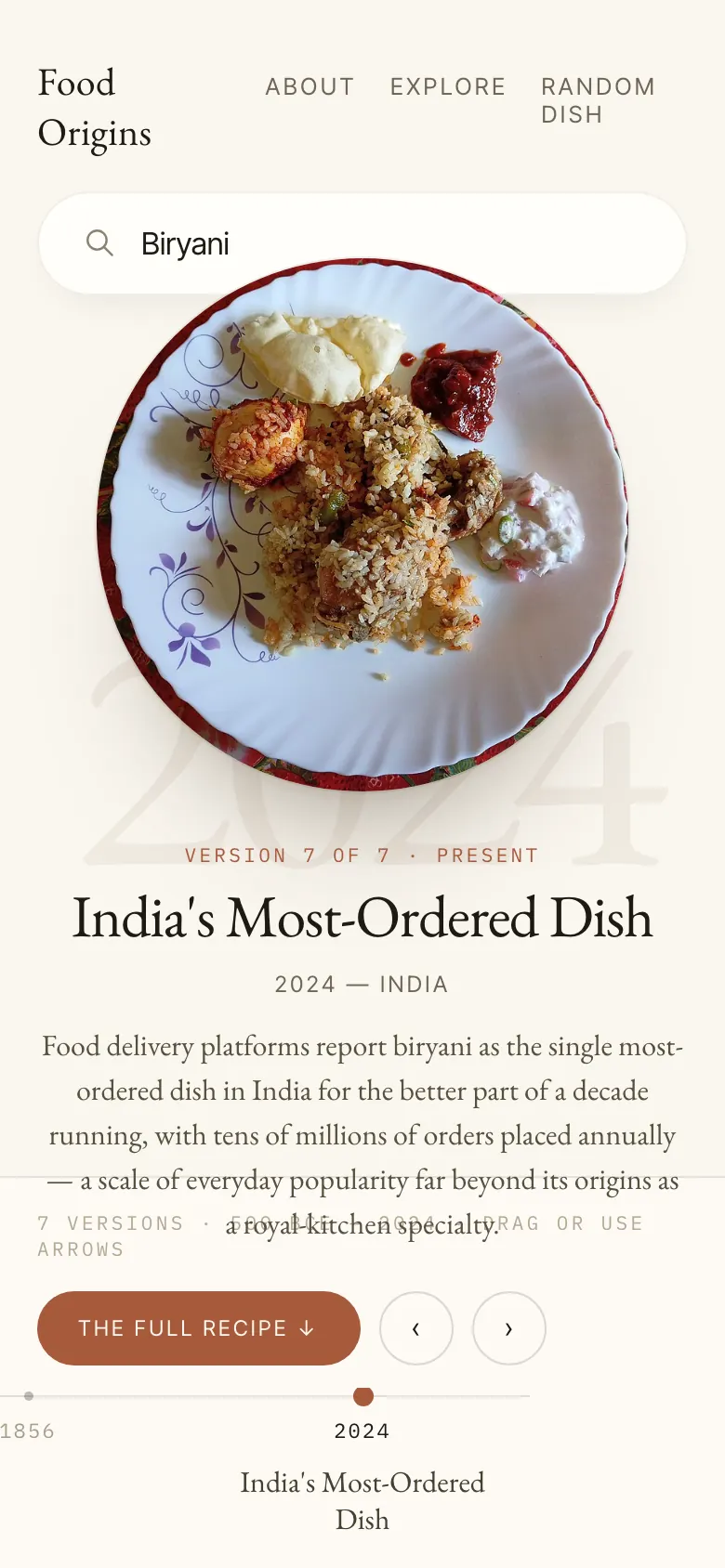 A Biryani exhibit on a phone: the round dish photograph, the version label, title and summary stacked, with the timeline rail across the bottom.