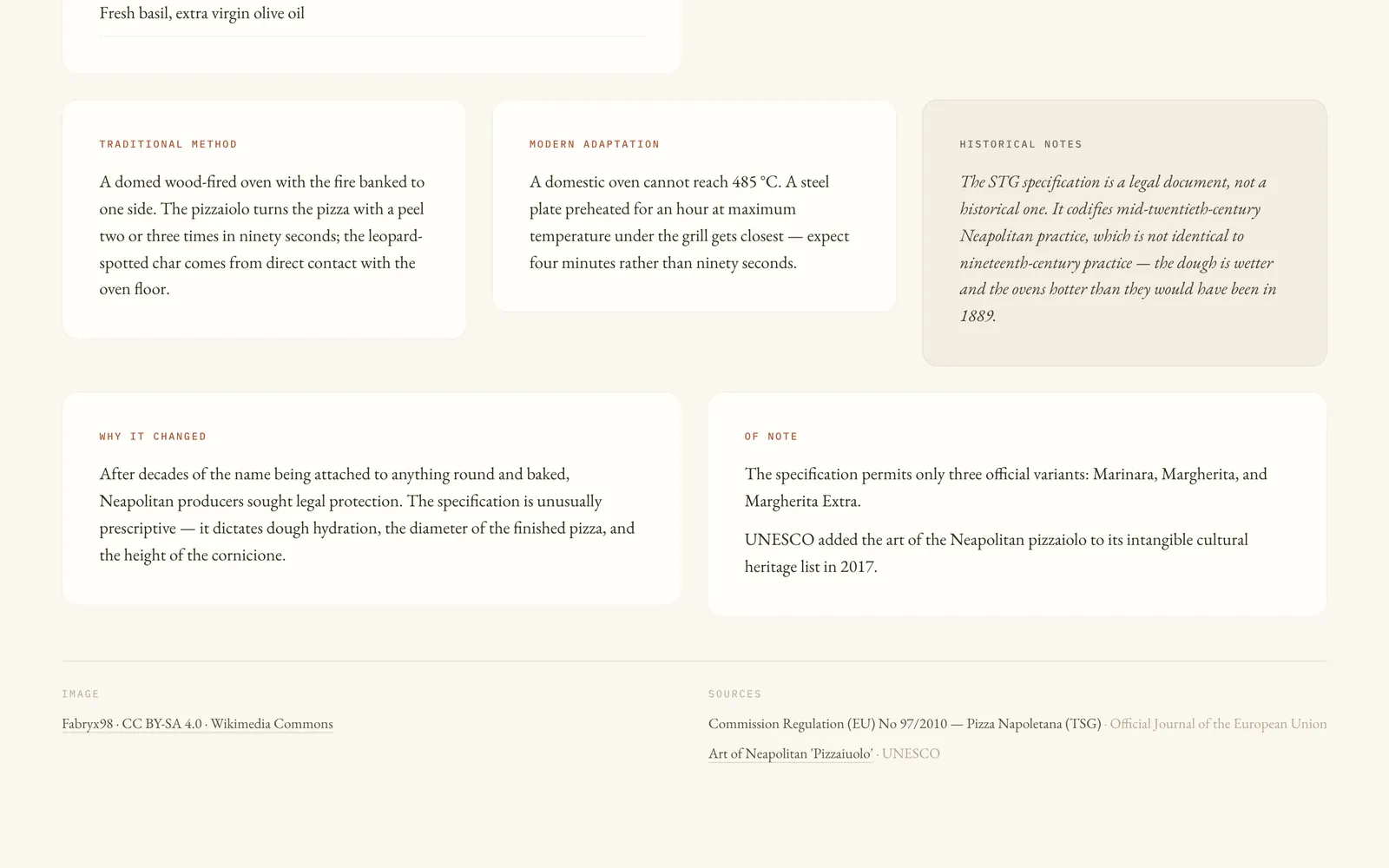 The recipe panel for Pizza Napoletana: ingredients with modern substitutions, four numbered cooking steps, and sections headed Traditional Method, Modern Adaptation and Historical Notes.