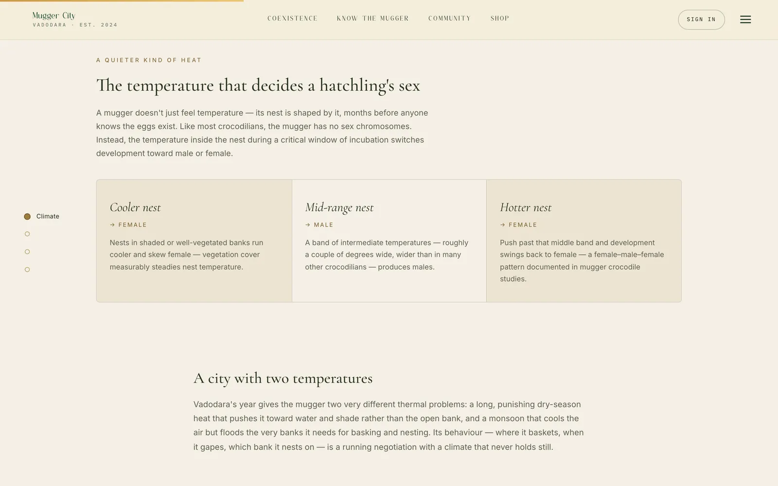 A chapter page: the headline The temperature that decides a hatchling's sex, with three cards for cooler, mid-range and hotter nests, and a chapter index down the left edge.
