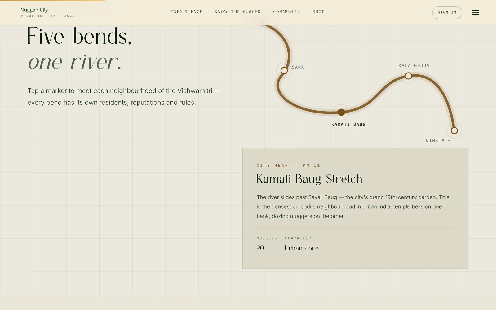 The Explore Vadodara page: the headline Five bends, one river above a hand-drawn line of the river with five markers, and an open panel for the Kamati Baug stretch showing 90-plus muggers and the character Urban core.