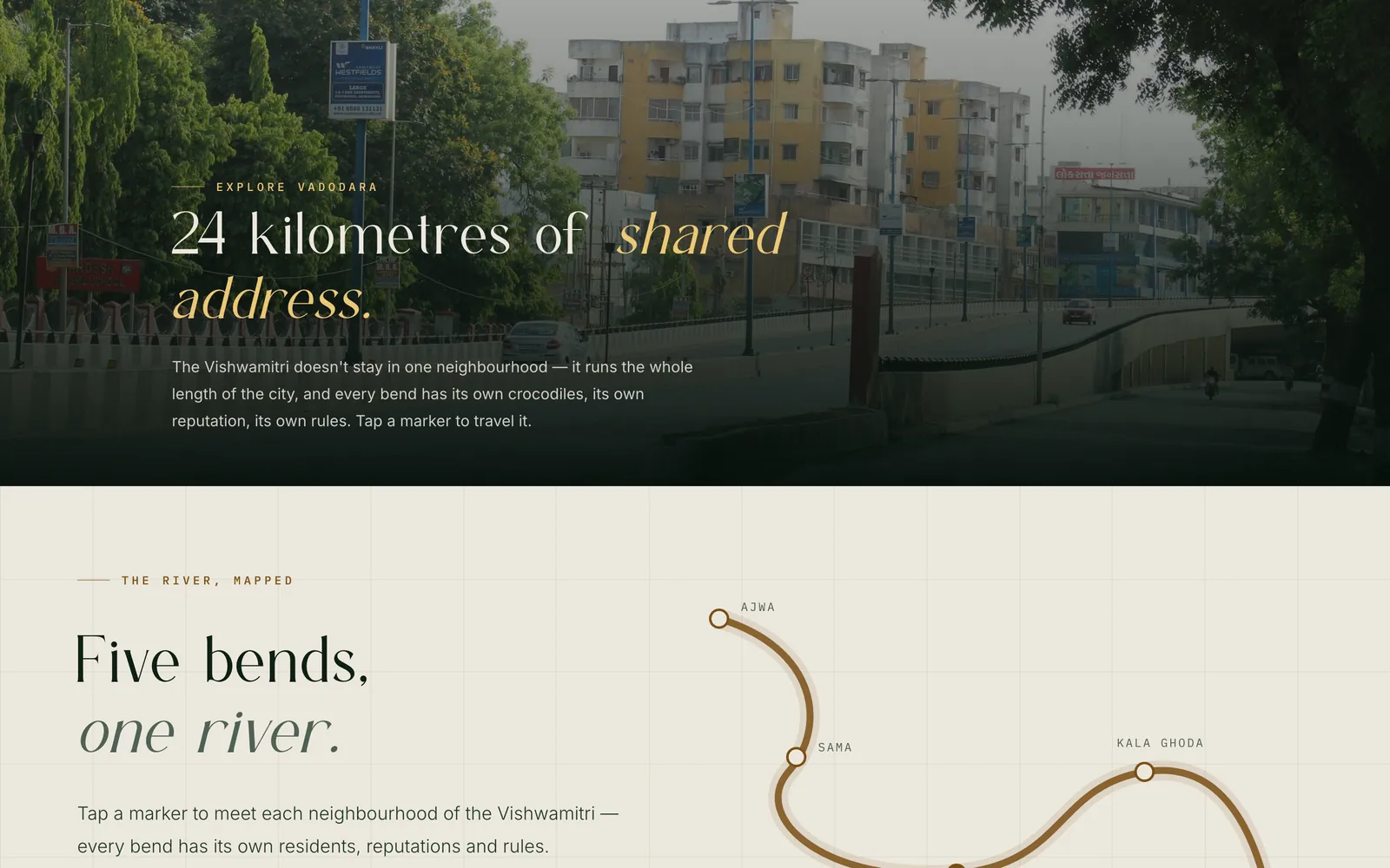 The Explore Vadodara page: the headline 24 kilometres of shared address over a photograph of the Vishwamitri running between apartment blocks and city trees.