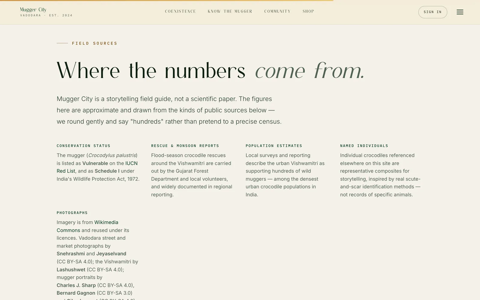The field sources section: the headline Where the numbers come from, above a note saying the guide is storytelling rather than a scientific paper, and five columns covering conservation status, rescue reports, population estimates, named individuals and photographs.