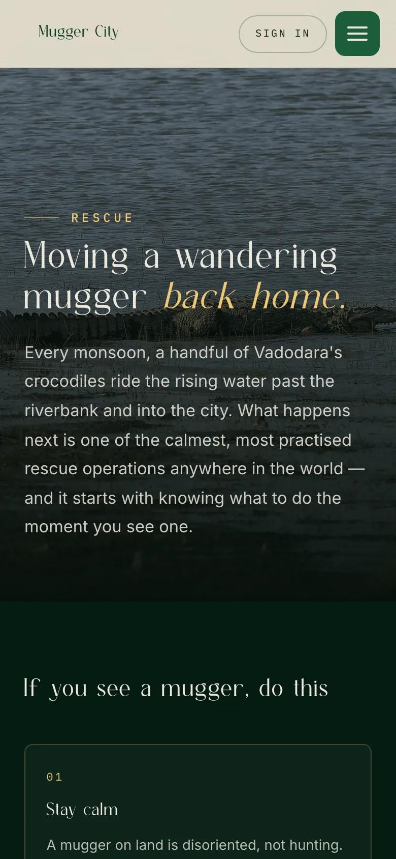 The rescue page on a phone: the headline Moving a wandering mugger back home over a photograph of a crocodile on a riverbank.