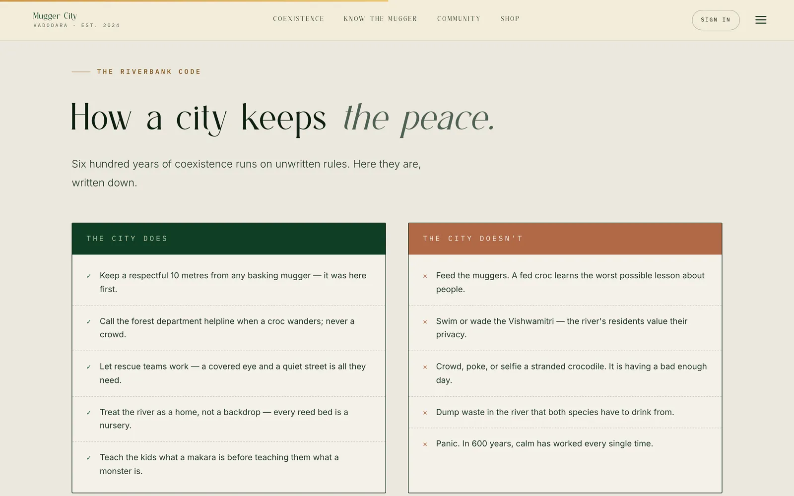 The riverbank code: the headline How a city keeps the peace above two columns, The City Does in green and The City Doesn't in red, each holding five rules.