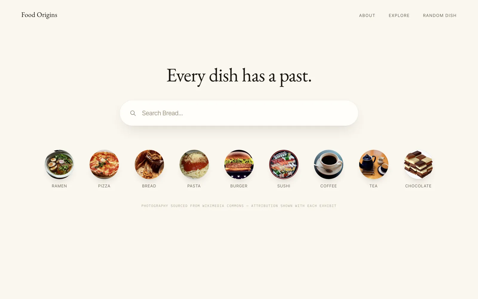 The shipped Food Origin landing page: the same headline and search field, with nine dish thumbnails on a single row and no wine.