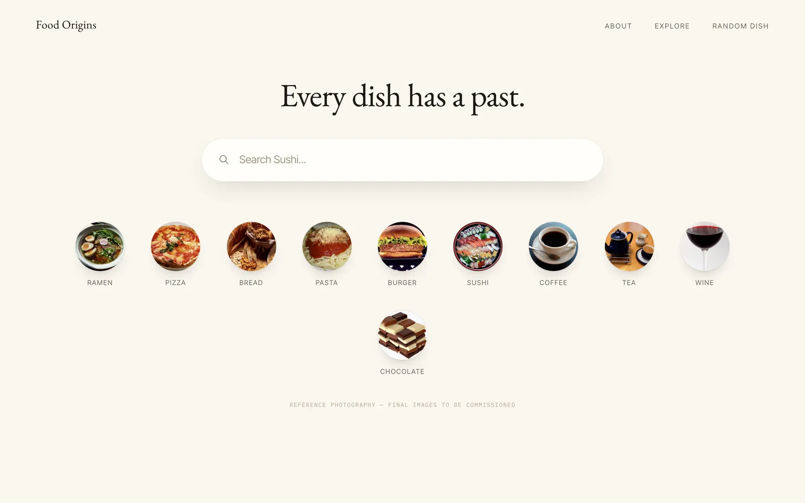 The Food Origin design prototype: the headline Every dish has a past above a search field, with ten round dish thumbnails including one for wine, wrapping onto a second row.