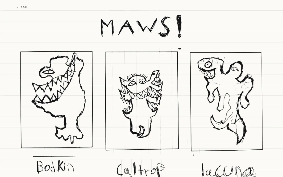 Three hand-drawn monsters in pencil boxes under the word MAWS!, captioned Bodkin, Caltrop and Lacuna.