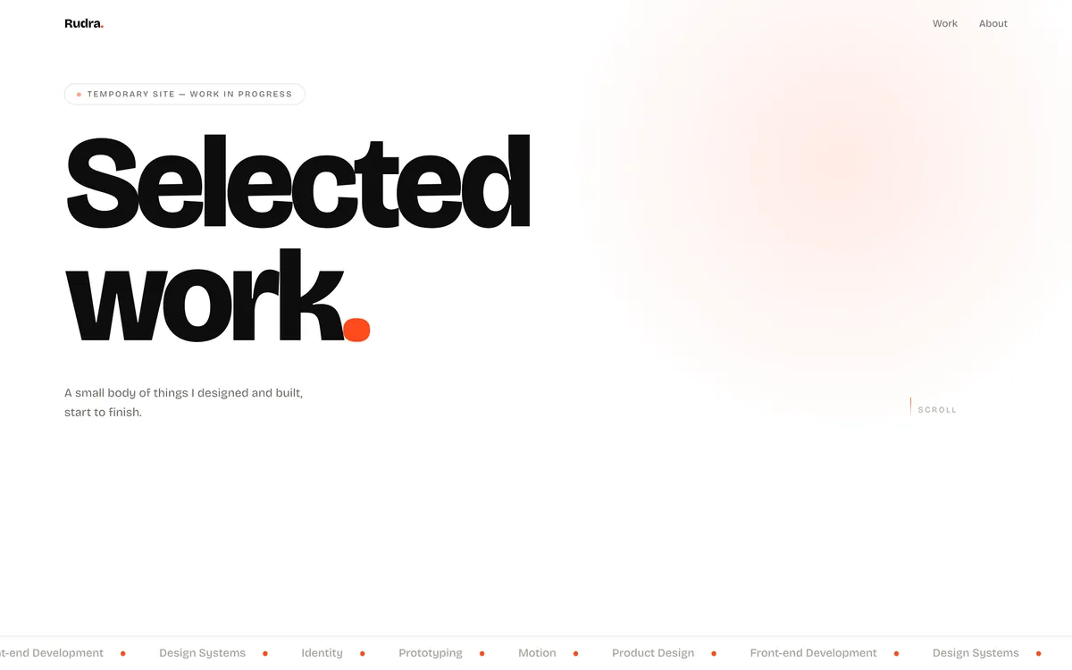 A white homepage with a heavy black grotesk headline reading Selected work, an orange full stop, and a small temporary-site label above it.