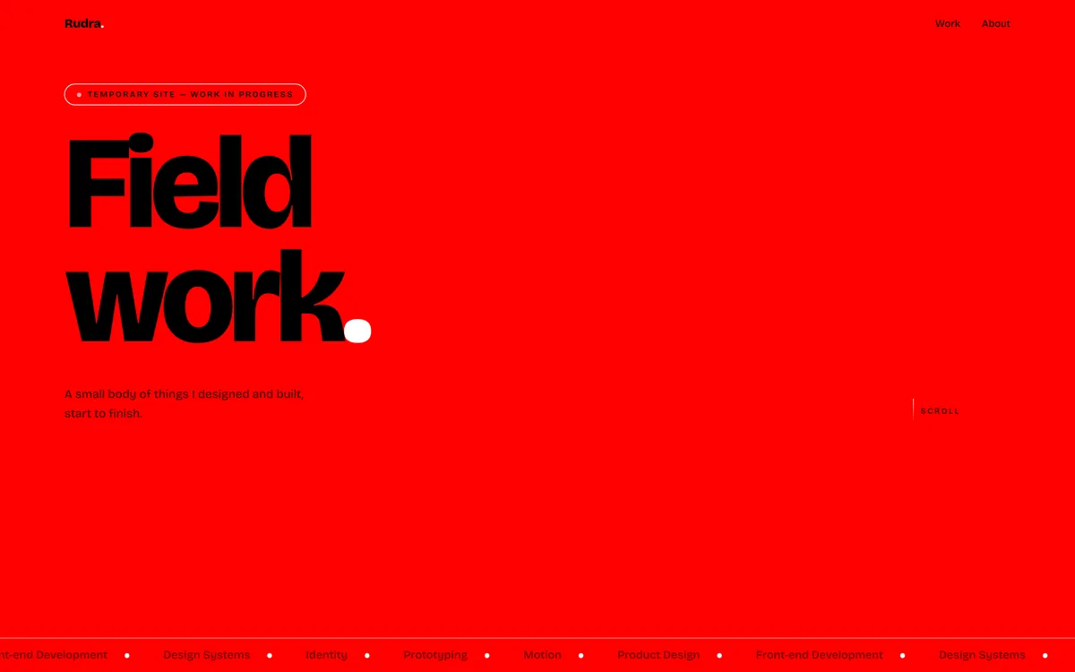 The same layout as the previous version but on a flat red ground, headlined Field work with a white full stop.