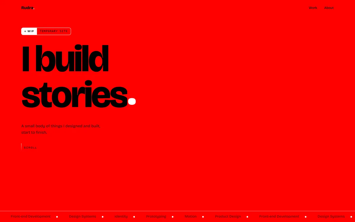 A red homepage headlined I build stories, in heavy black type with a white full stop.