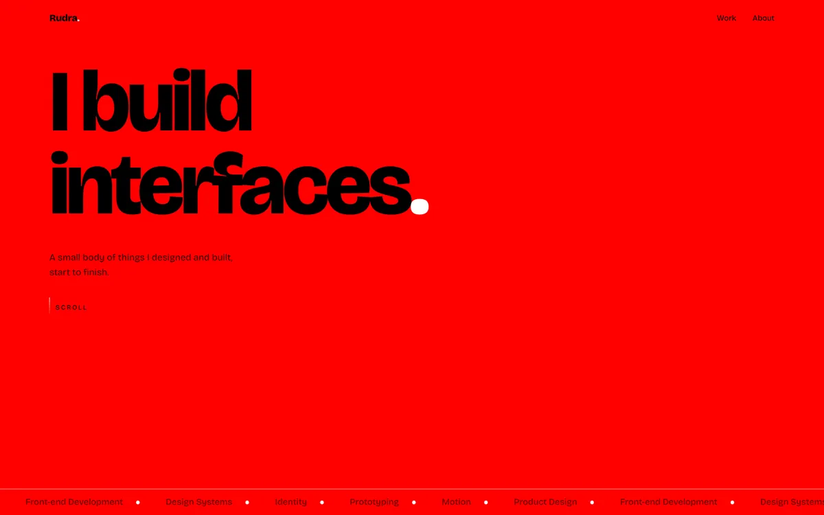 A red homepage headlined I build interfaces, in heavy black type with a white full stop.