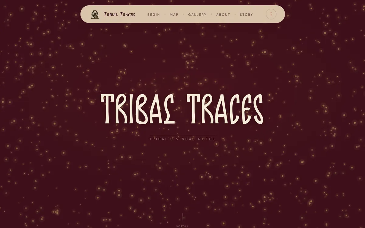 The Tribal Traces landing page: the title set in a hand-drawn display face, gold on a deep maroon field of scattered stars.