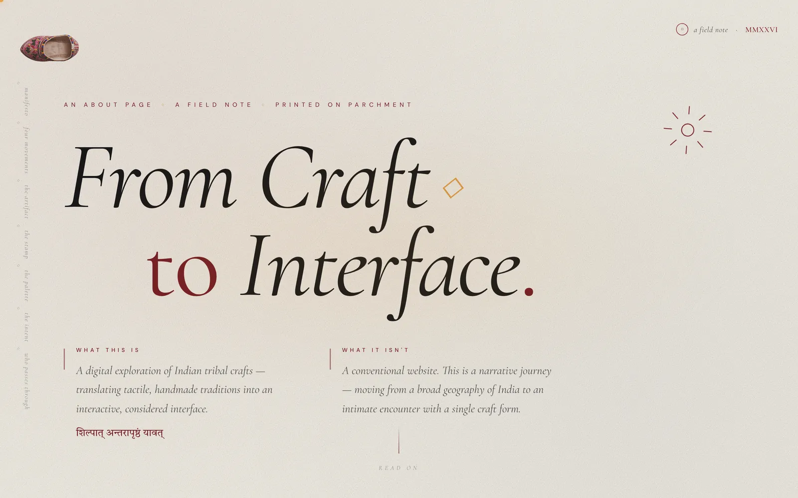 The about page headline: From Craft to Interface, set in a large serif with a small gold diamond, above two columns headed What this is and What it isn't.