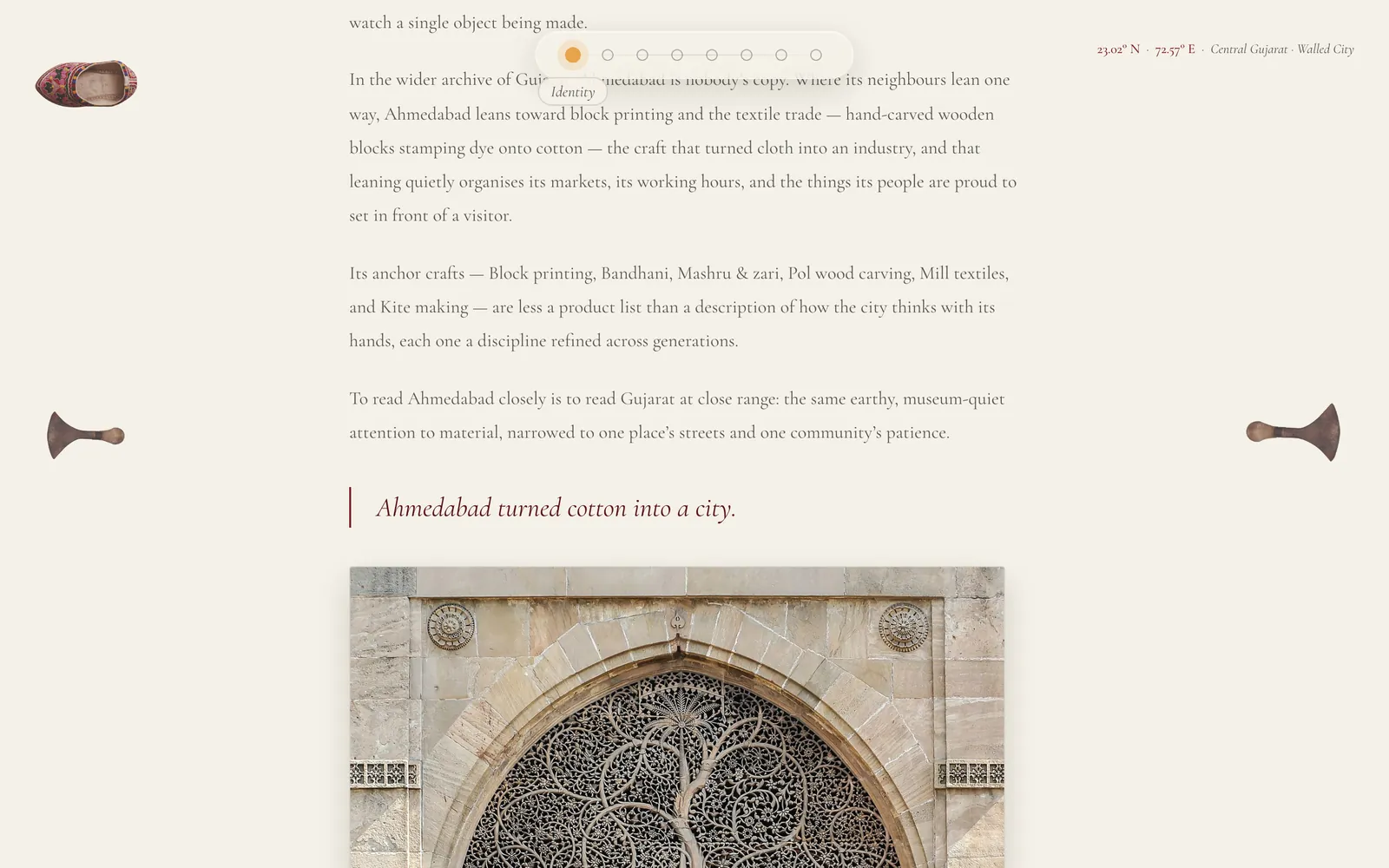Further down the same chapter: two columns of prose, a pulled line reading Ahmedabad turned cotton into a city, and a photograph of a carved stone jali screen.