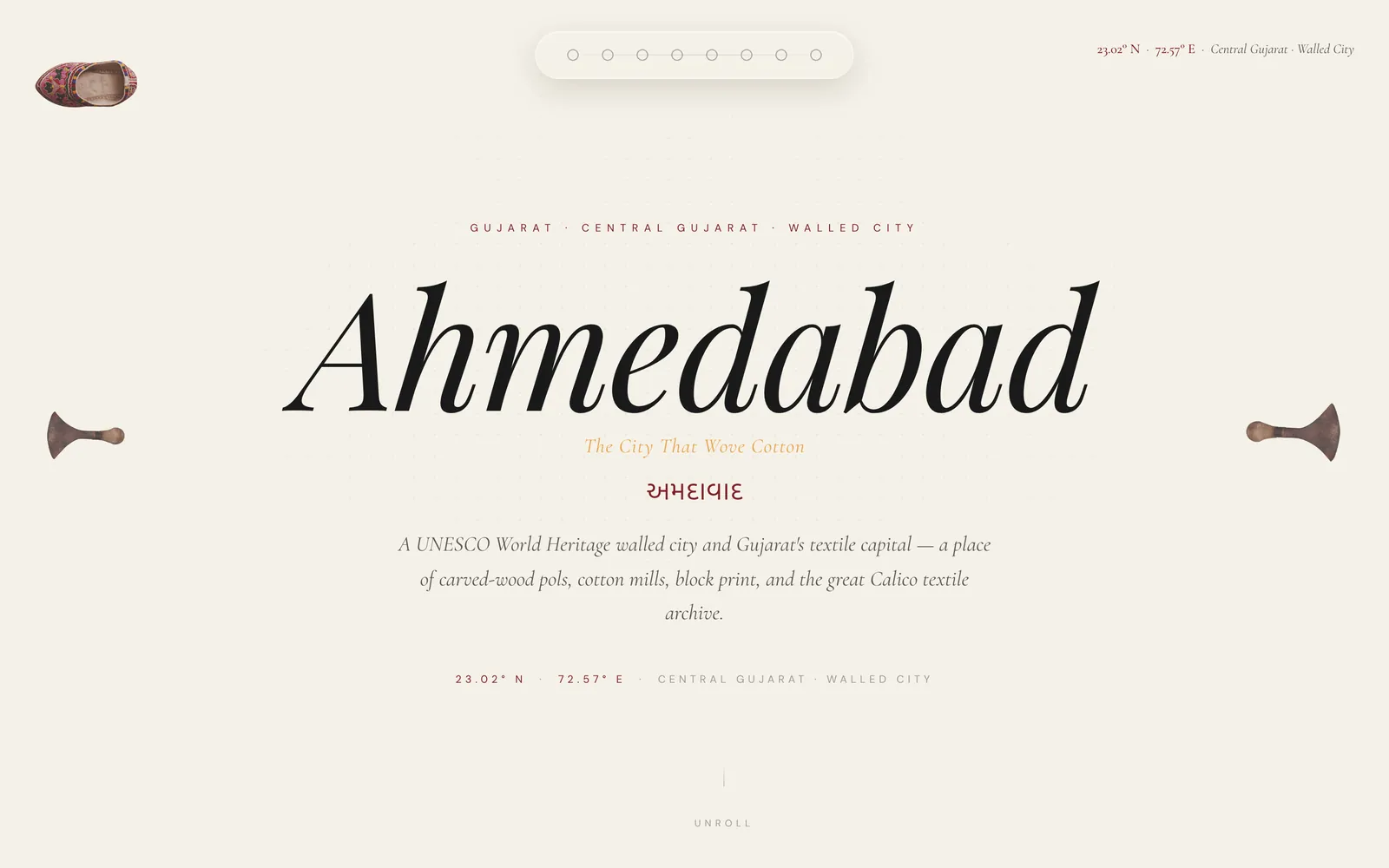 A chapter header: Ahmedabad set very large in a serif, with the line The City That Wove Cotton, the name in Gujarati script, a short description, and coordinates below.