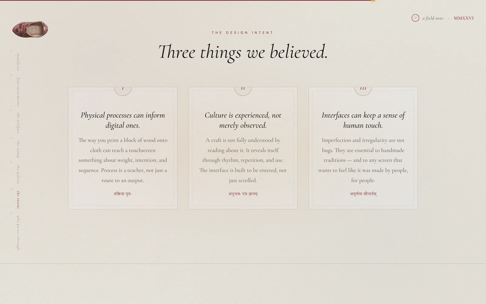 The design intent section: the headline Three things we believed, above three numbered cards on physical processes informing digital ones, culture being experienced rather than observed, and interfaces keeping a sense of human touch.