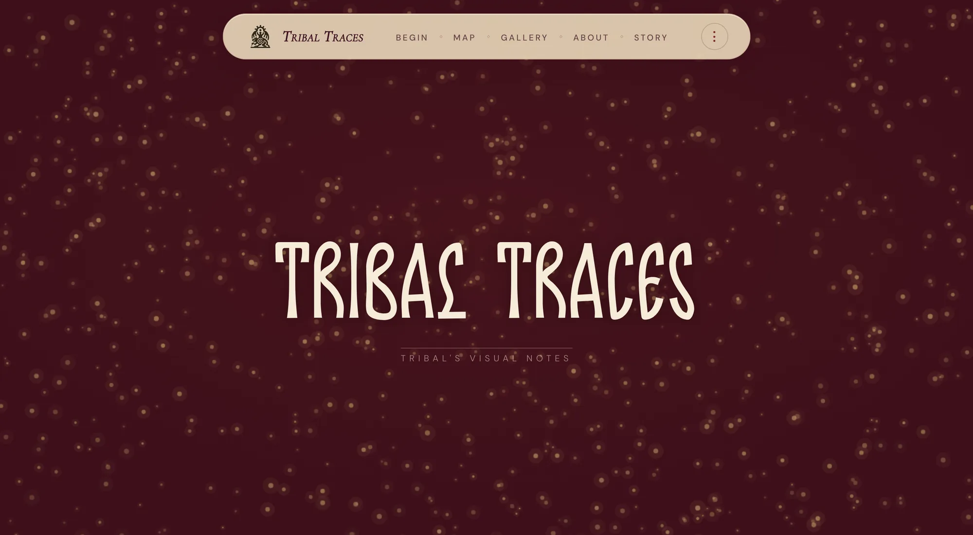 The Tribal Traces landing page: the title in a hand-drawn display face, gold on a deep maroon field of scattered stars.
