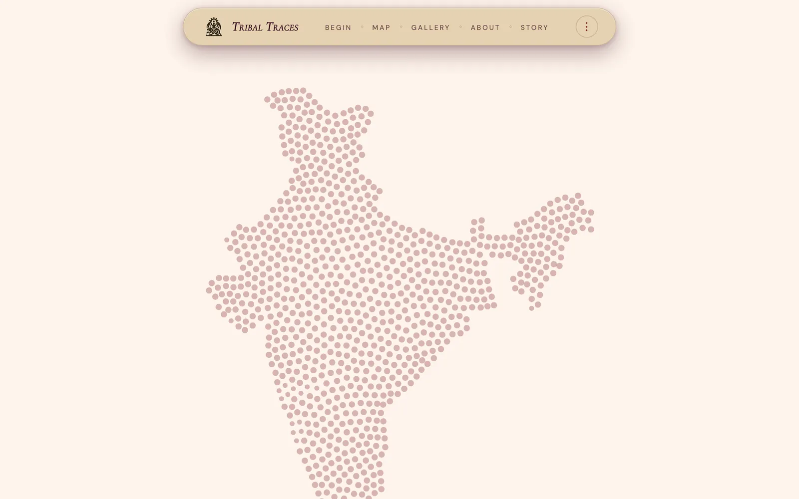 The Tribal Traces map: India drawn as a field of small terracotta dots on a pale cream ground, inside the site's floating pill navigation bar.