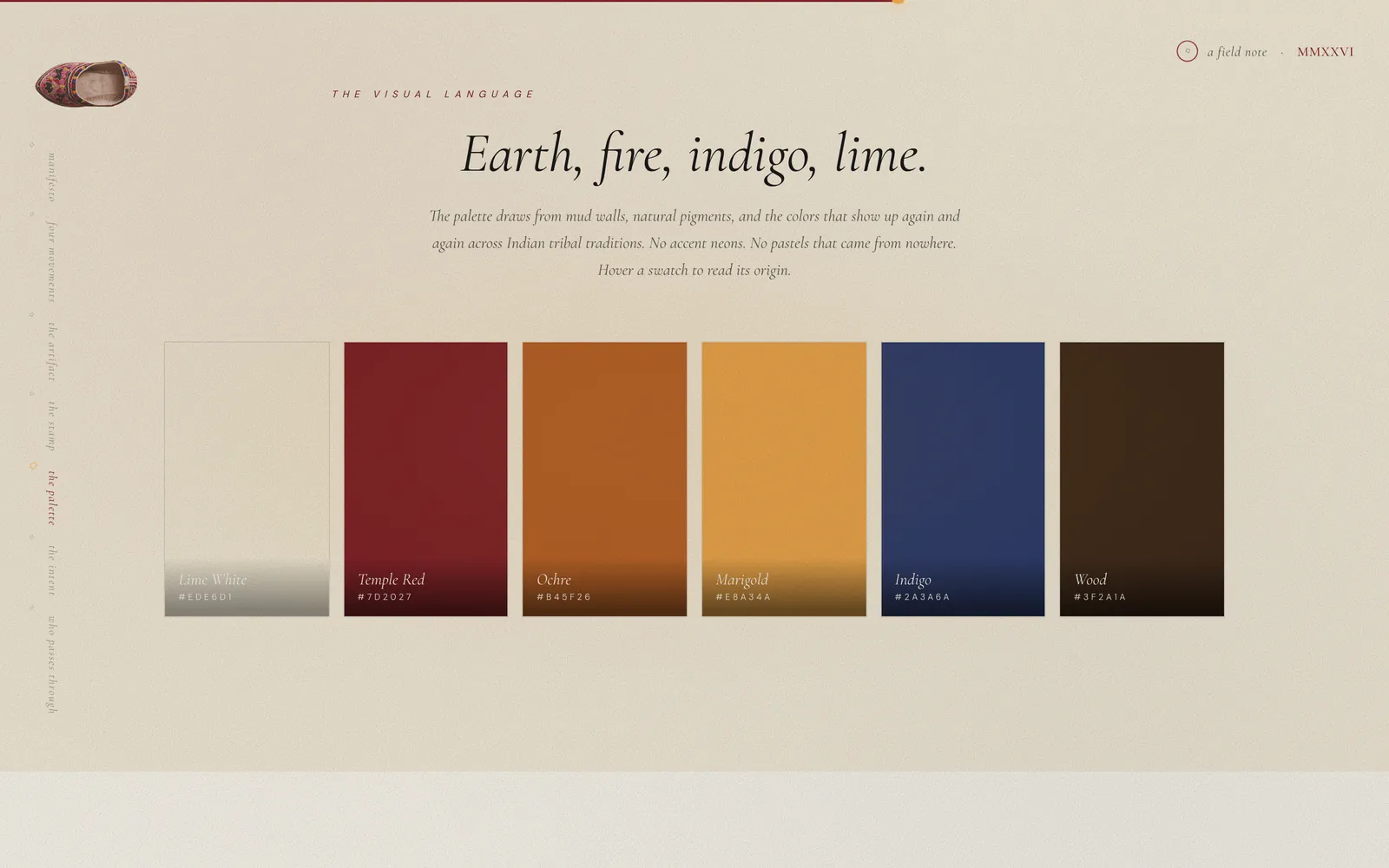 The palette section: the headline Earth, fire, indigo, lime, above six large swatches — lime white, temple red, ochre, marigold, indigo and wood — each labelled with its name and hex value.