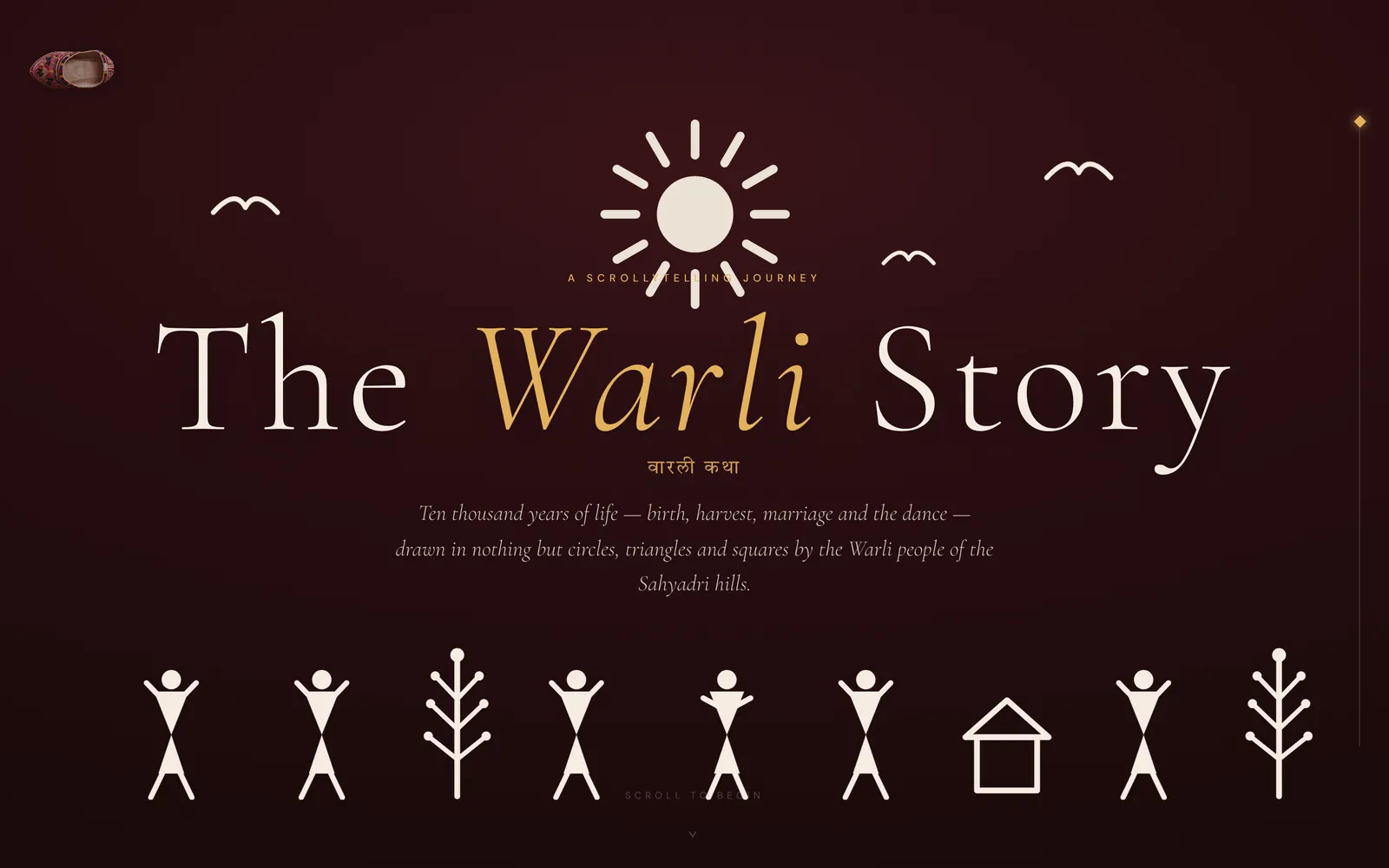 The Warli Story page: the headline set in serif with the word Warli in gold, over a dark maroon ground, with a row of white Warli stick figures, trees and a house drawn beneath it.