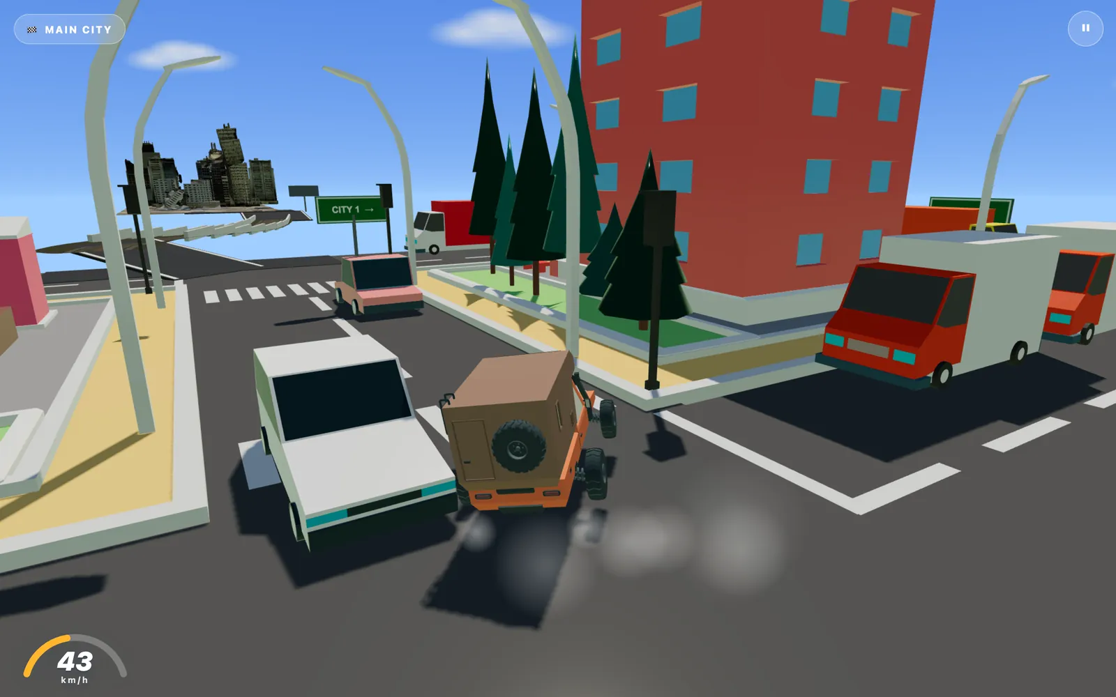 VROOM.IO in play: a low-poly car mid-drift at a city intersection under a highway overpass, with a speedometer reading 43 km/h and a MAIN CITY chip in the corner.